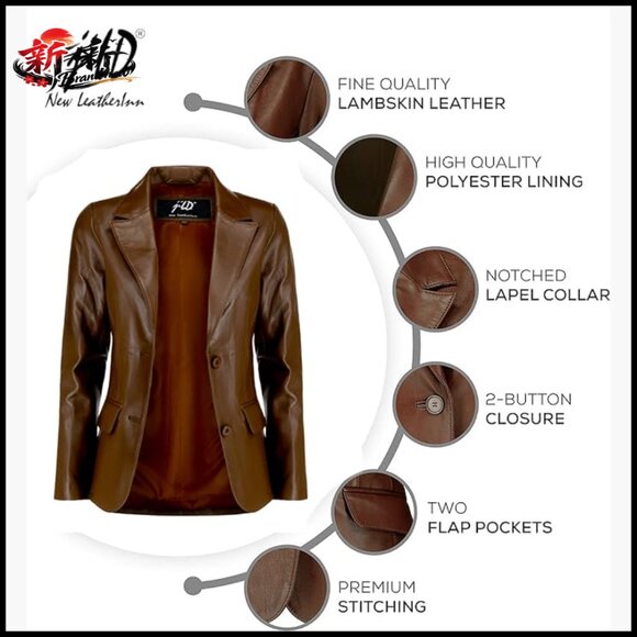 Lambskin Leather Blazer Jacket Women Classic 2-Button Notched Lapel - Picture 5 of 7